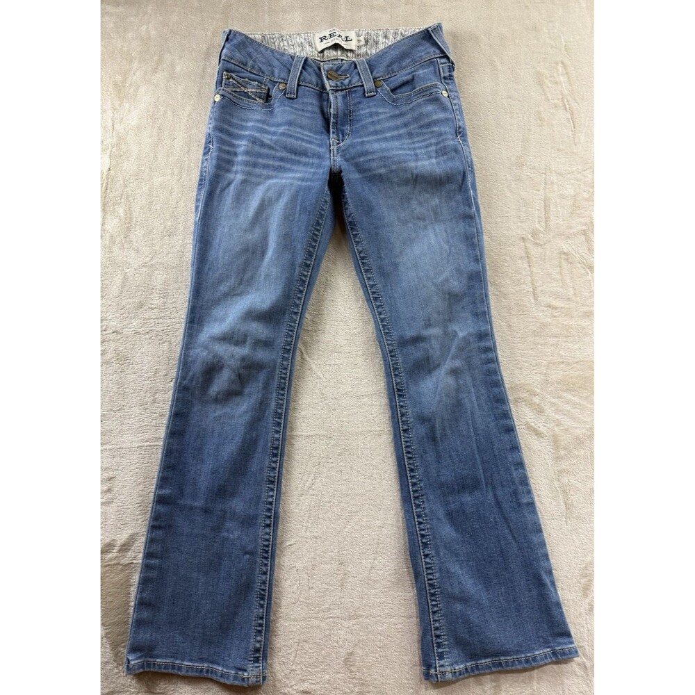 Ariat Real Jeans Women's 27S Arrow MR Boot Blue Mid Rise Stretch Embroidered